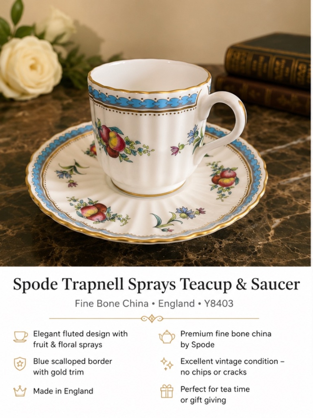 Spode Trapnell Sprays Fine Bone China Cup & Saucer England Y8403 Fruit & Floral
